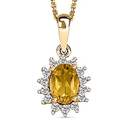 Ethiopian Welo Opal October Birthstone and Natural Zircon Halo Pendant with Chain (Size-20) in 18K Vermeil Yellow Gold Plated Sterling Silver