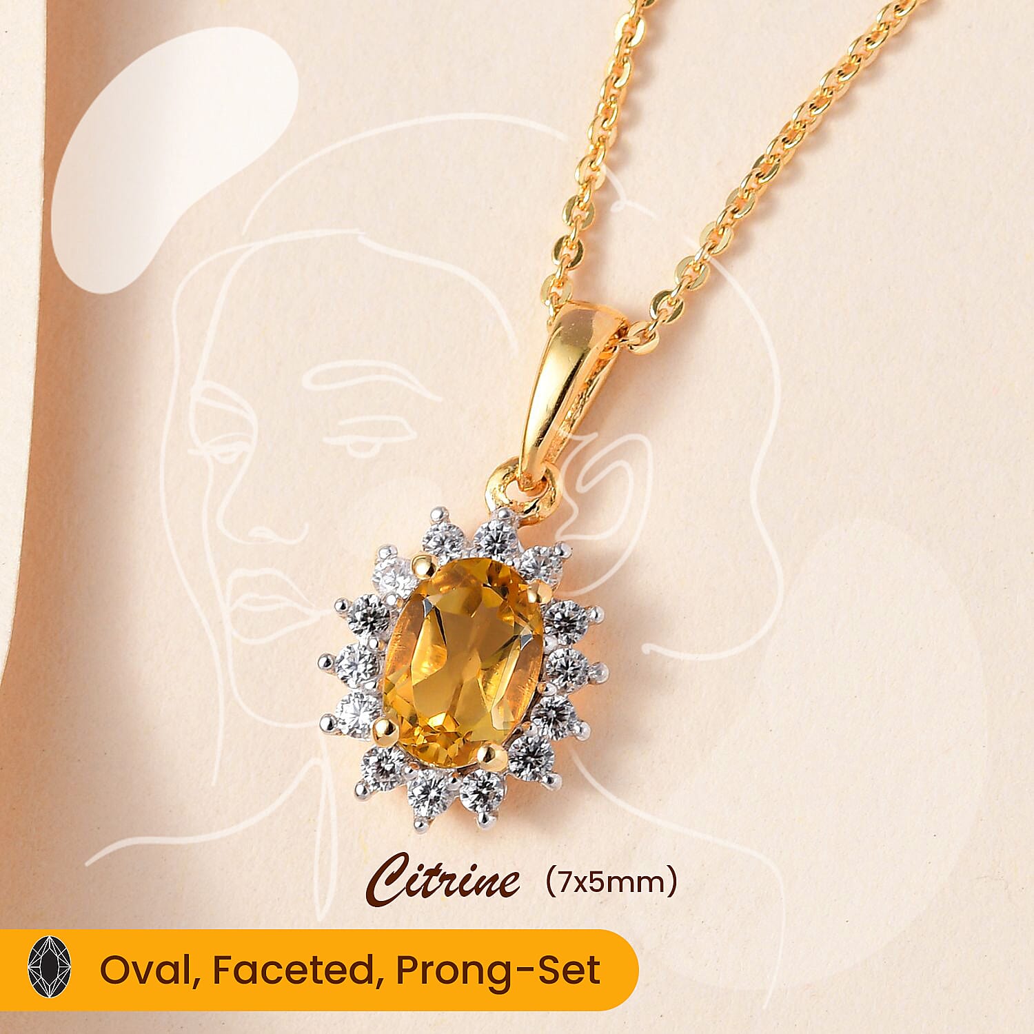Citrine and Natural Zircon Halo Pendant with Chain (Size - 20) in 18K Vermeil Yellow Gold Plated Sterling Silver 1.17 Ct.