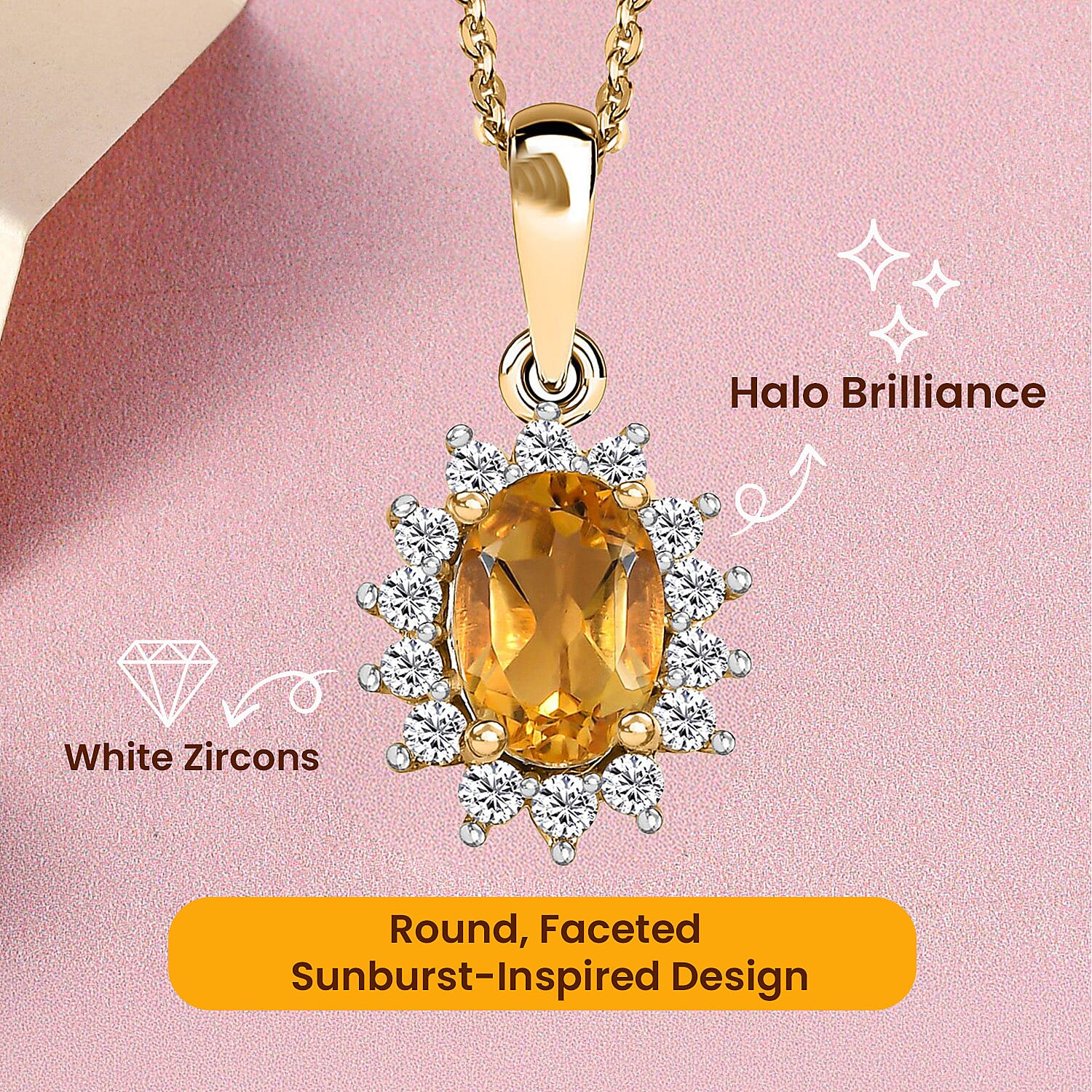 Citrine and Natural Zircon Halo Pendant with Chain (Size - 20) in 18K Vermeil Yellow Gold Plated Sterling Silver 1.17 Ct.