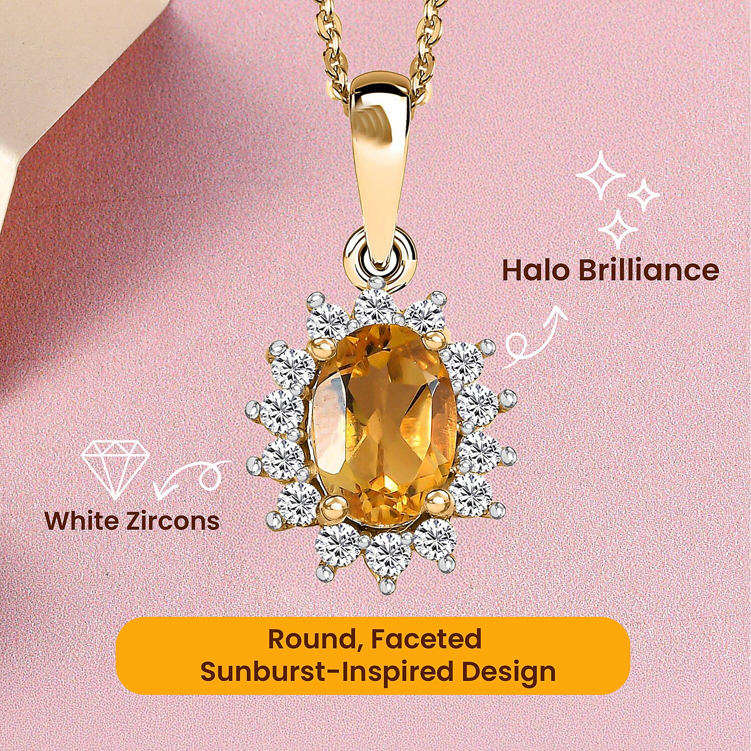 Citrine and Natural Zircon Halo Pendant with Chain (Size - 20) in 18K Vermeil Yellow Gold Plated Sterling Silver 1.17 Ct.