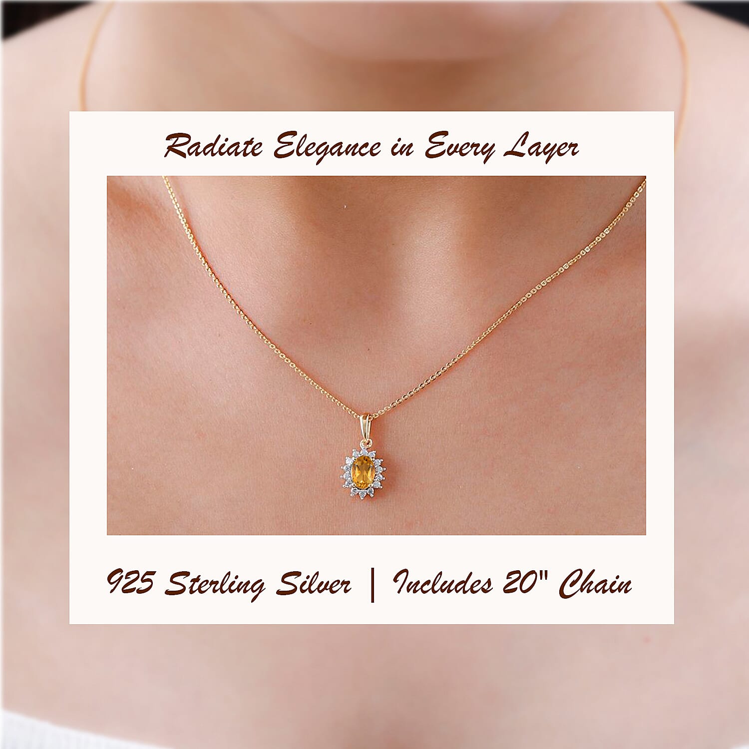 Citrine and Natural Zircon Halo Pendant with Chain (Size - 20) in 18K Vermeil Yellow Gold Plated Sterling Silver 1.17 Ct.