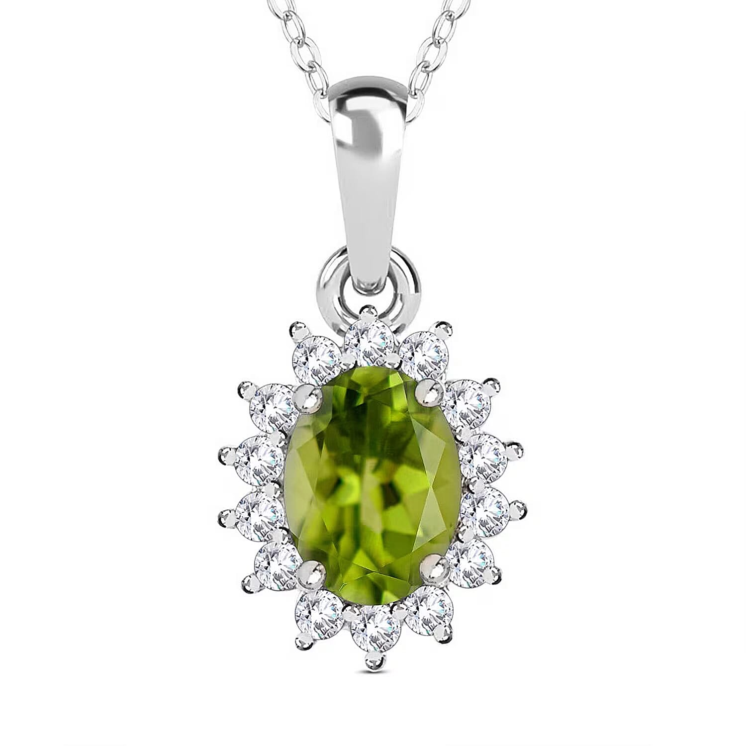 Hebei Peridot and Natural Zircon Halo Pendant with Chain (Size - 20)  in Platinum Overlay Sterling Silver 1.17 Ct.