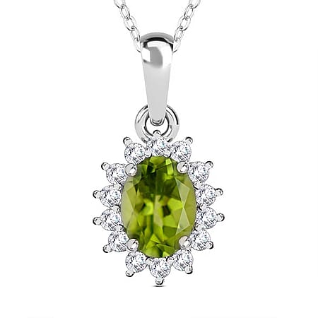 Peridot August Birthstone and Natural Zircon Pendant with Chain (Size - 20) in Platinum Overlay Sterling Silver 1.17 Ct.