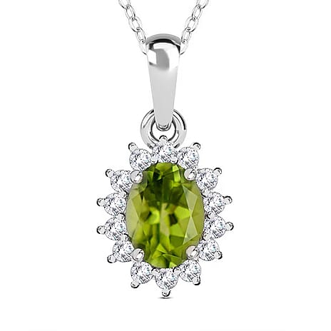Hebei Peridot and Natural Zircon Halo Pendant with Chain (Size - 20)  in Platinum Overlay Sterling Silver 1.17 Ct.