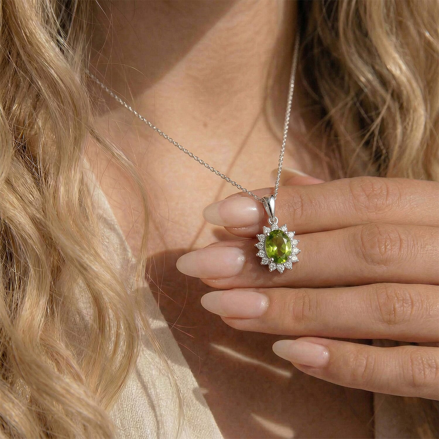 Hebei Peridot and Natural Zircon Halo Pendant with Chain (Size - 20)  in Platinum Overlay Sterling Silver 1.17 Ct.
