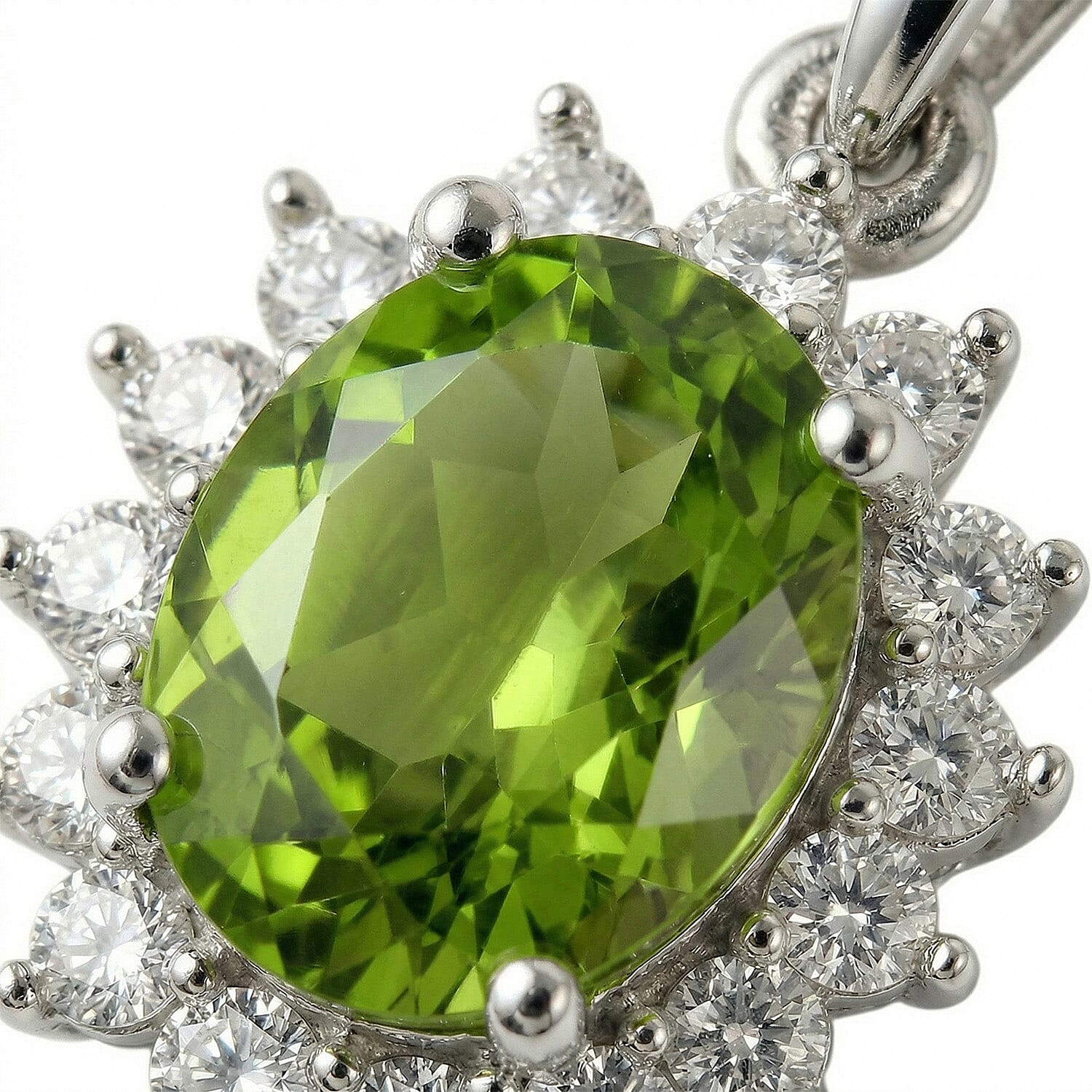 Hebei Peridot and Natural Zircon Halo Pendant with Chain (Size - 20)  in Platinum Overlay Sterling Silver 1.17 Ct.