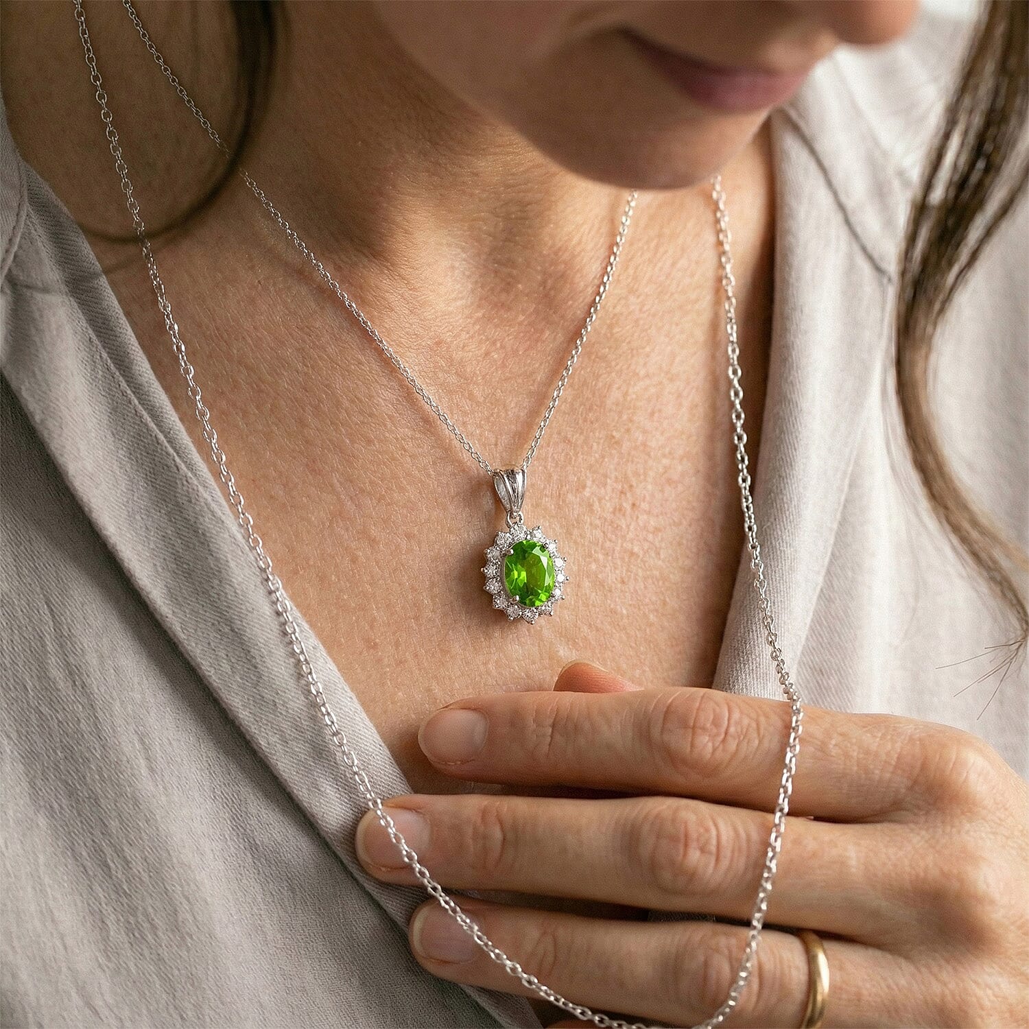 Hebei Peridot and Natural Zircon Halo Pendant with Chain (Size - 20)  in Platinum Overlay Sterling Silver 1.17 Ct.