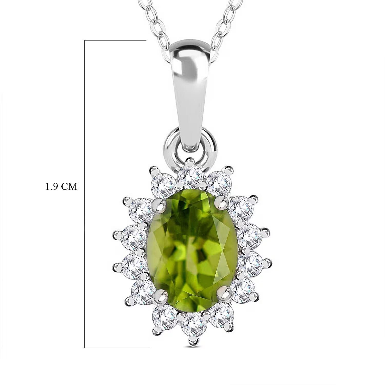 Hebei Peridot and Natural Zircon Halo Pendant with Chain (Size - 20)  in Platinum Overlay Sterling Silver 1.17 Ct.