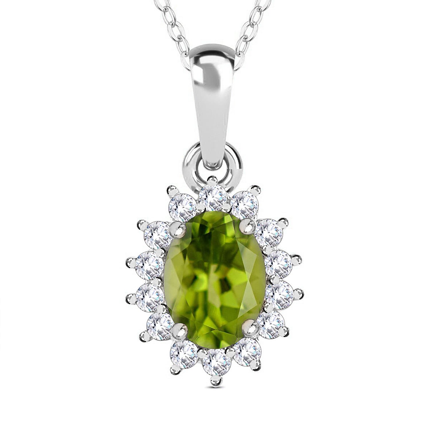 Hebei Peridot and Natural Zircon Halo Pendant with Chain (Size - 20)  in Platinum Overlay Sterling Silver 1.17 Ct.
