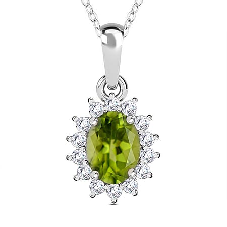 Peridot August Birthstone and Natural Zircon Pendant with Chain (Size - 20) in Platinum Overlay Sterling Silver 1.17 Ct.