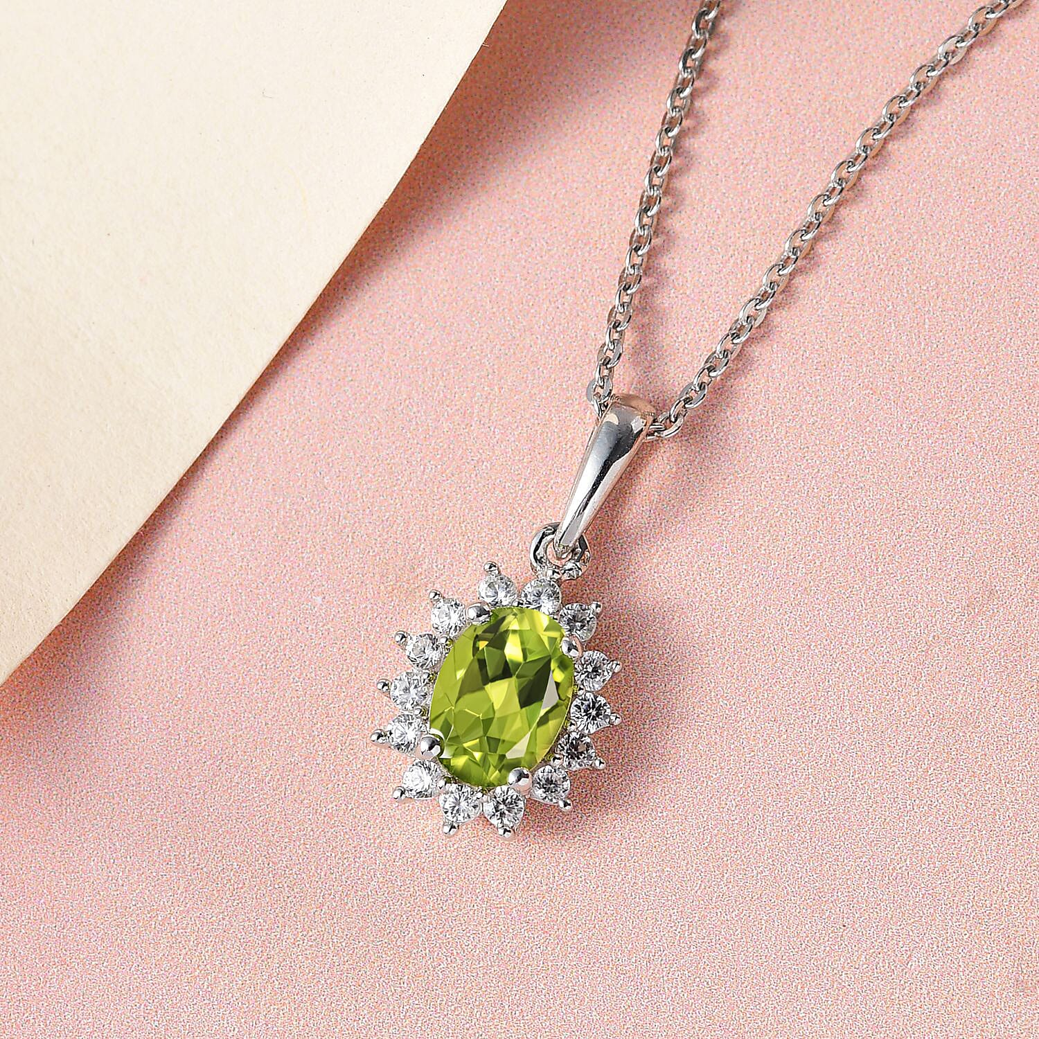 Hebei Peridot and Natural Zircon Halo Pendant with Chain (Size - 20)  in Platinum Overlay Sterling Silver 1.17 Ct.