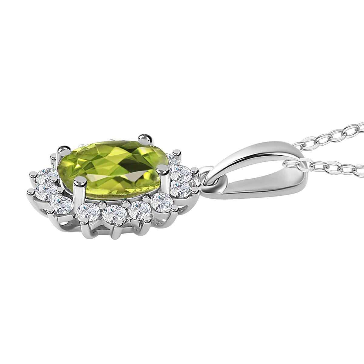 Hebei Peridot and Natural Zircon Halo Pendant with Chain (Size - 20)  in Platinum Overlay Sterling Silver 1.17 Ct.