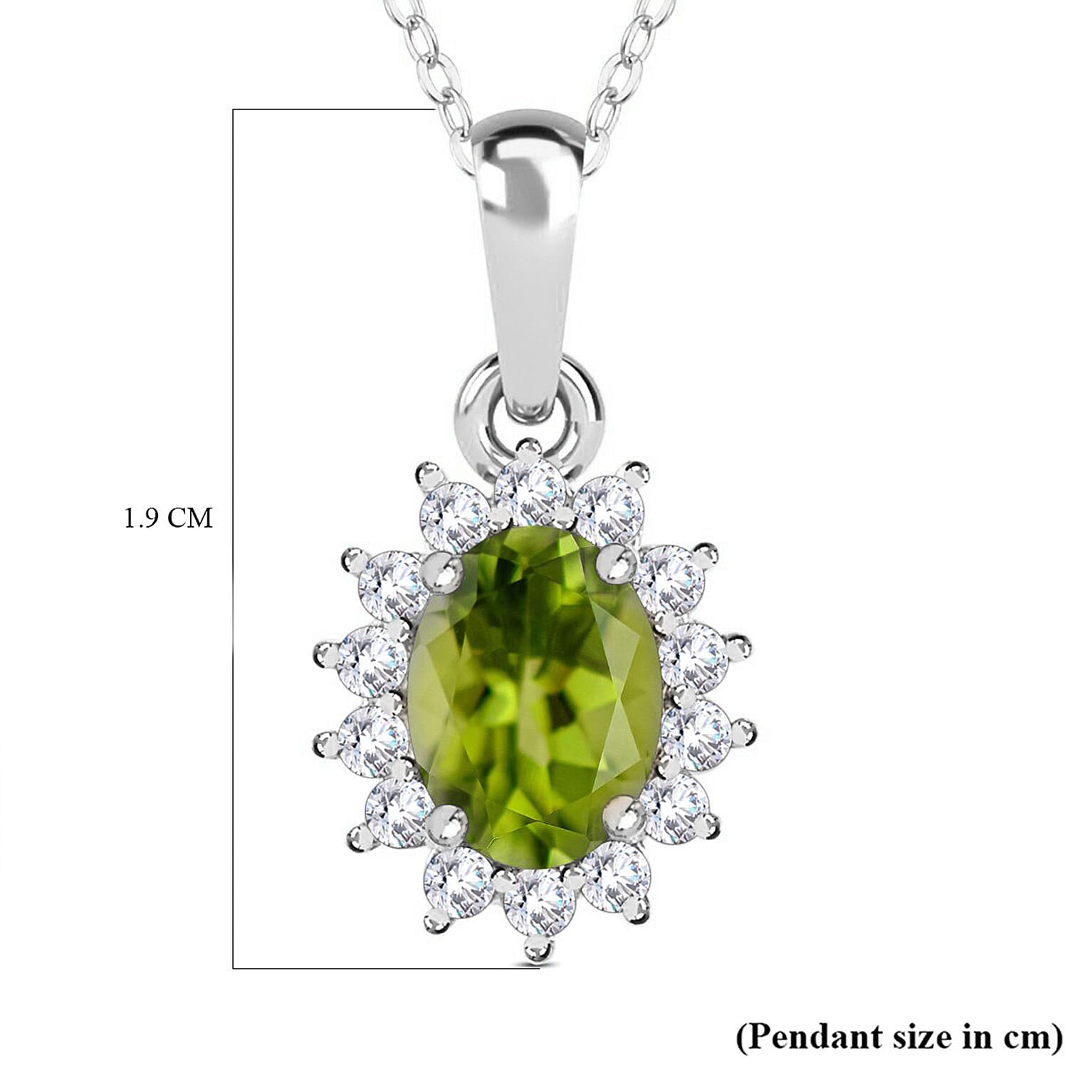 Hebei Peridot and Natural Zircon Halo Pendant with Chain (Size - 20)  in Platinum Overlay Sterling Silver 1.17 Ct.