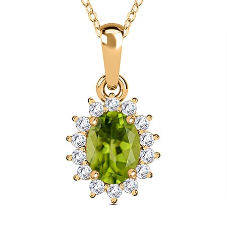 Hebei Peridot August Birthstone and Natural Zircon Halo Pendant with Chain(Size-20 with Lobster Clasp) in 18K Vermeil Yellow Gold Plated Sterling Silver