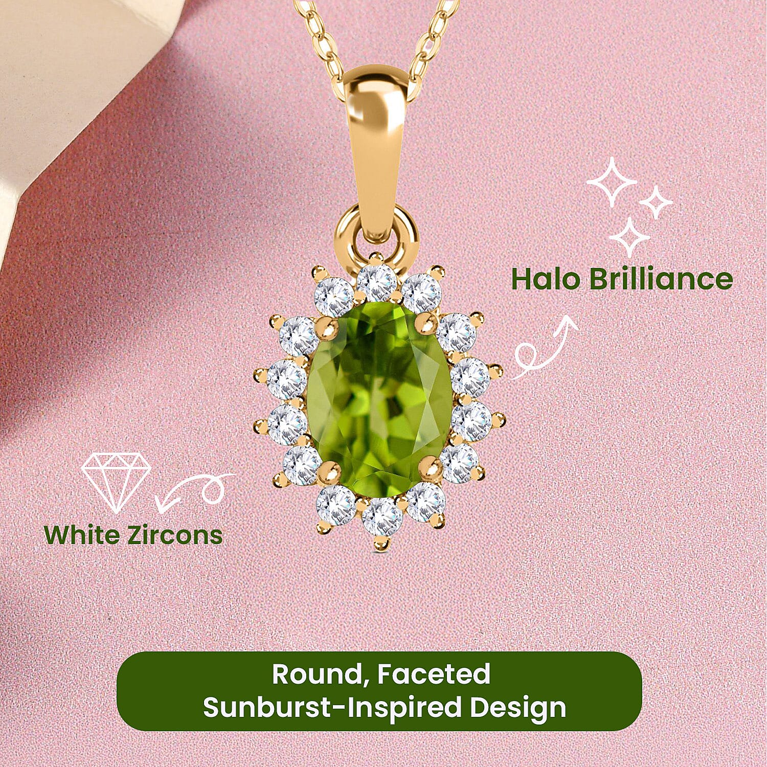 Hebei Peridot and Natural Cambodian Zircon Pendant with Chain(Size-20 with Lobster Clasp) in 18K Vermeil Yellow Gold Plated Sterling Silver 1.17 Ct.