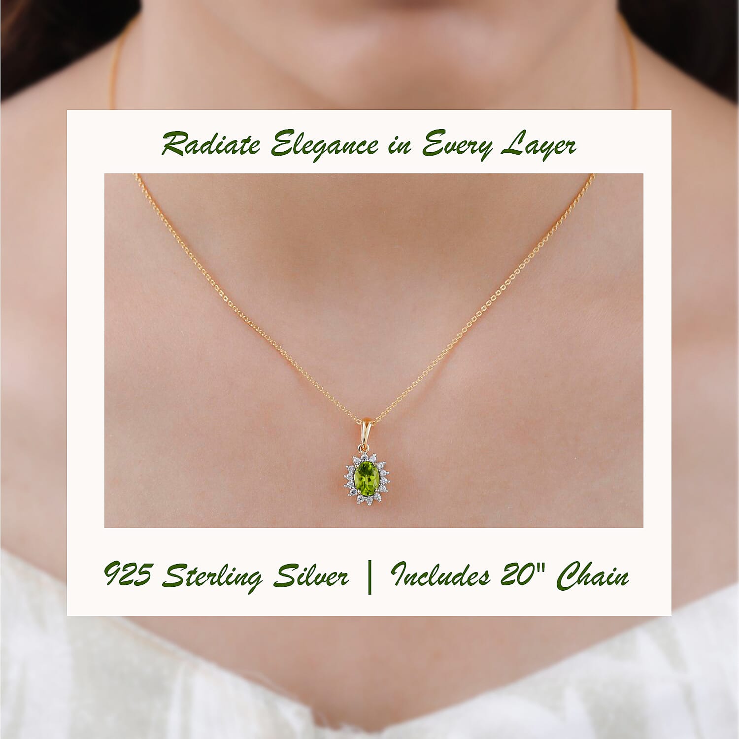 Hebei Peridot and Natural Cambodian Zircon Pendant with Chain(Size-20 with Lobster Clasp) in 18K Vermeil Yellow Gold Plated Sterling Silver 1.17 Ct.