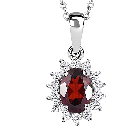 Red Garnet and Natural Cambodian Zircon Halo Pendant with Chain (Size 20) with Lobster Lock in Platinum Overlay Sterling Silver 1.188 Ct.