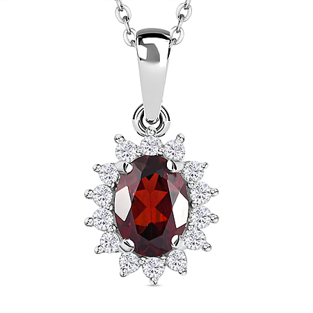 Red Garnet and Natural Cambodian Zircon Halo Pendant with Chain (Size 20) with Lobster Lock in Platinum Overlay Sterling Silver 1.188 Ct.