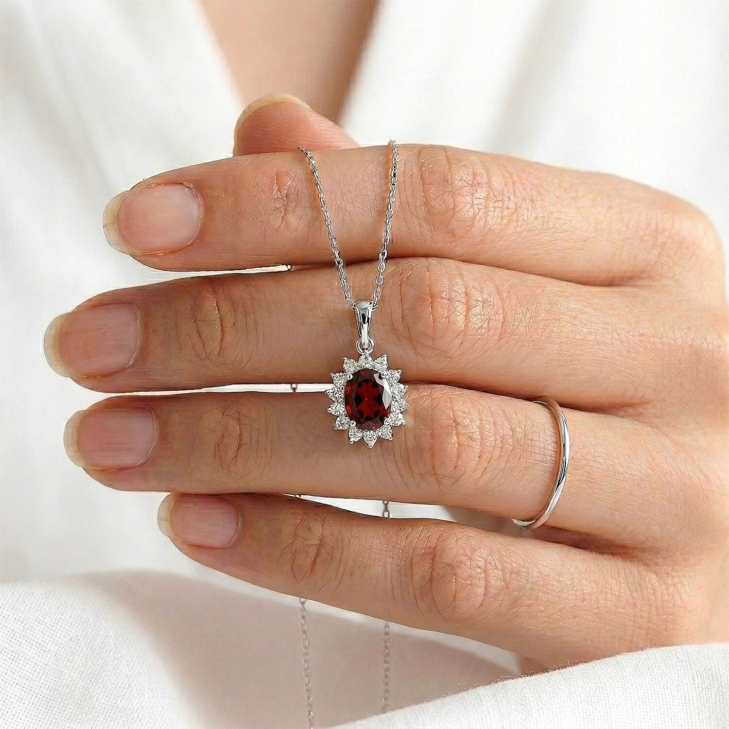 Red Garnet and Natural Cambodian Zircon Halo Pendant with Chain (Size 20) with Lobster Lock in Platinum Overlay Sterling Silver 1.188 Ct.