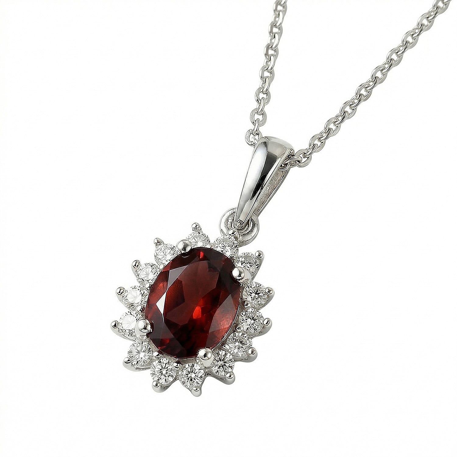 Red Garnet and Natural Cambodian Zircon Halo Pendant with Chain (Size 20) with Lobster Lock in Platinum Overlay Sterling Silver 1.188 Ct.