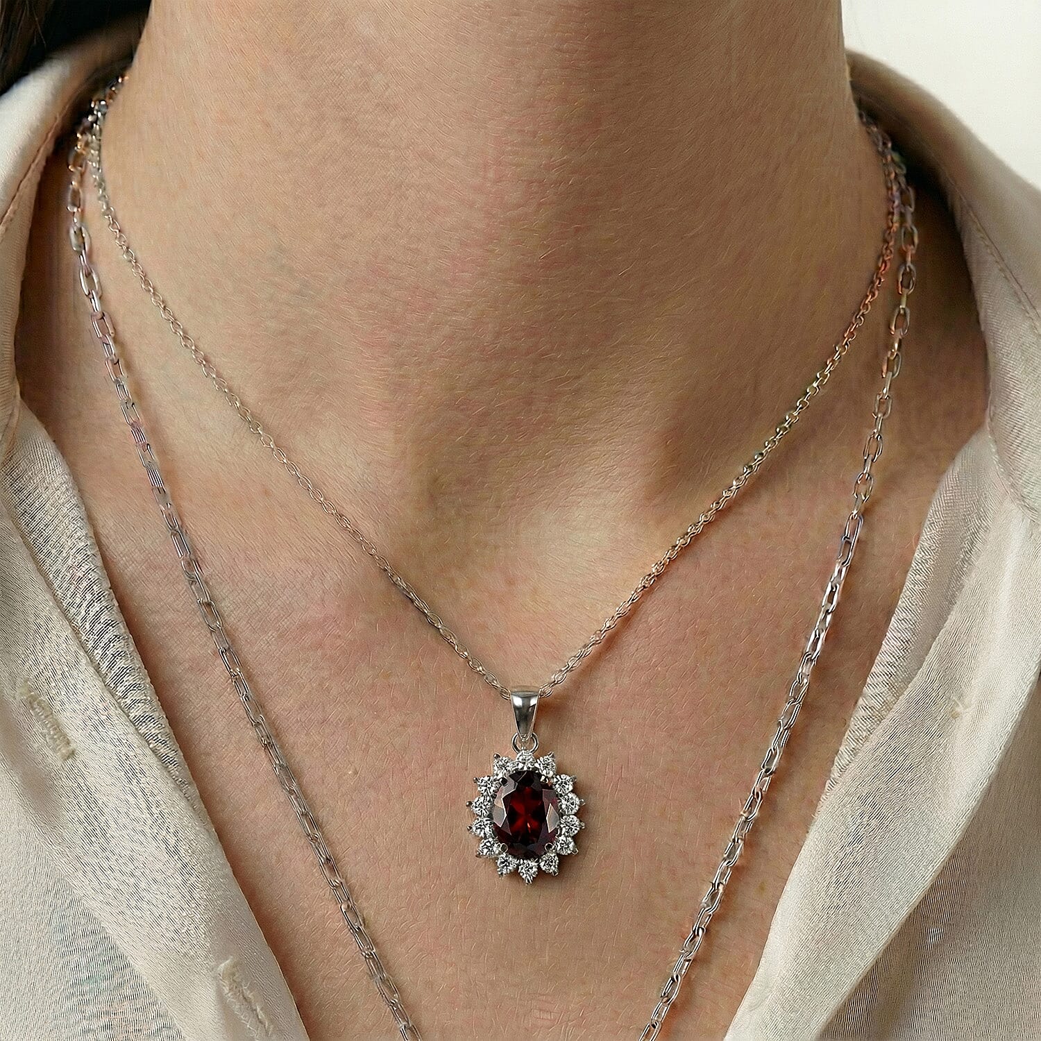 Red Garnet and Natural Cambodian Zircon Halo Pendant with Chain (Size 20) with Lobster Lock in Platinum Overlay Sterling Silver 1.188 Ct.