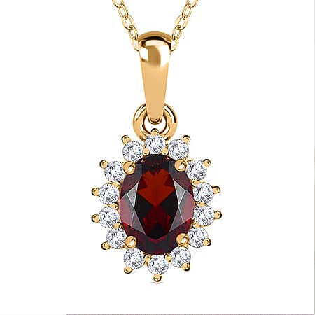 Red Garnet January Birthstone and Natural Zircon Halo Pendant with Chain (Size - 20) in 18K Vermeil Yellow Gold Plated Sterling Silver