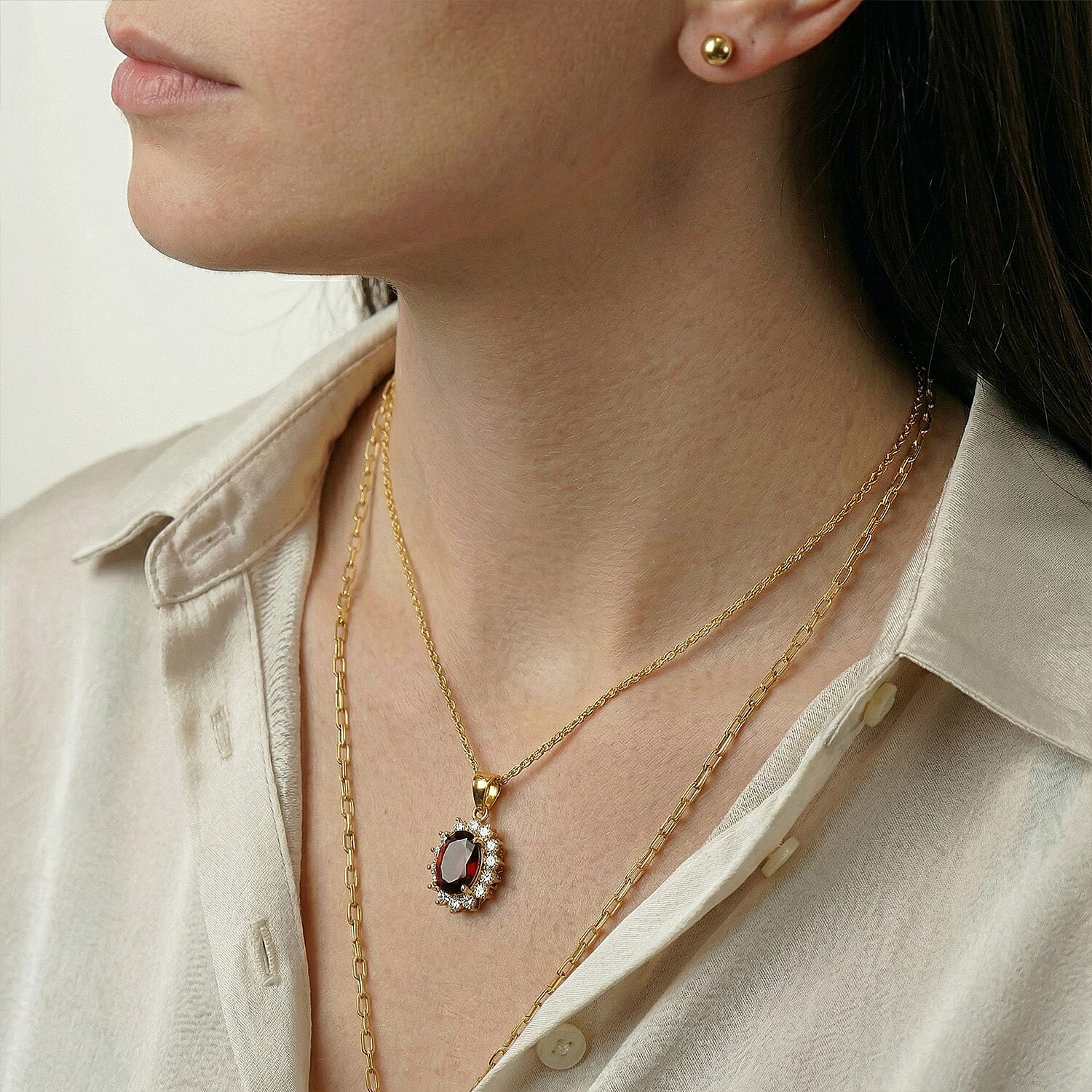 Red Garnet and Natural Cambodian Zircon Pendant with Chain (Size - 20) in 18K Vermeil Yellow Gold Plated Sterling Silver 1.370 Ct