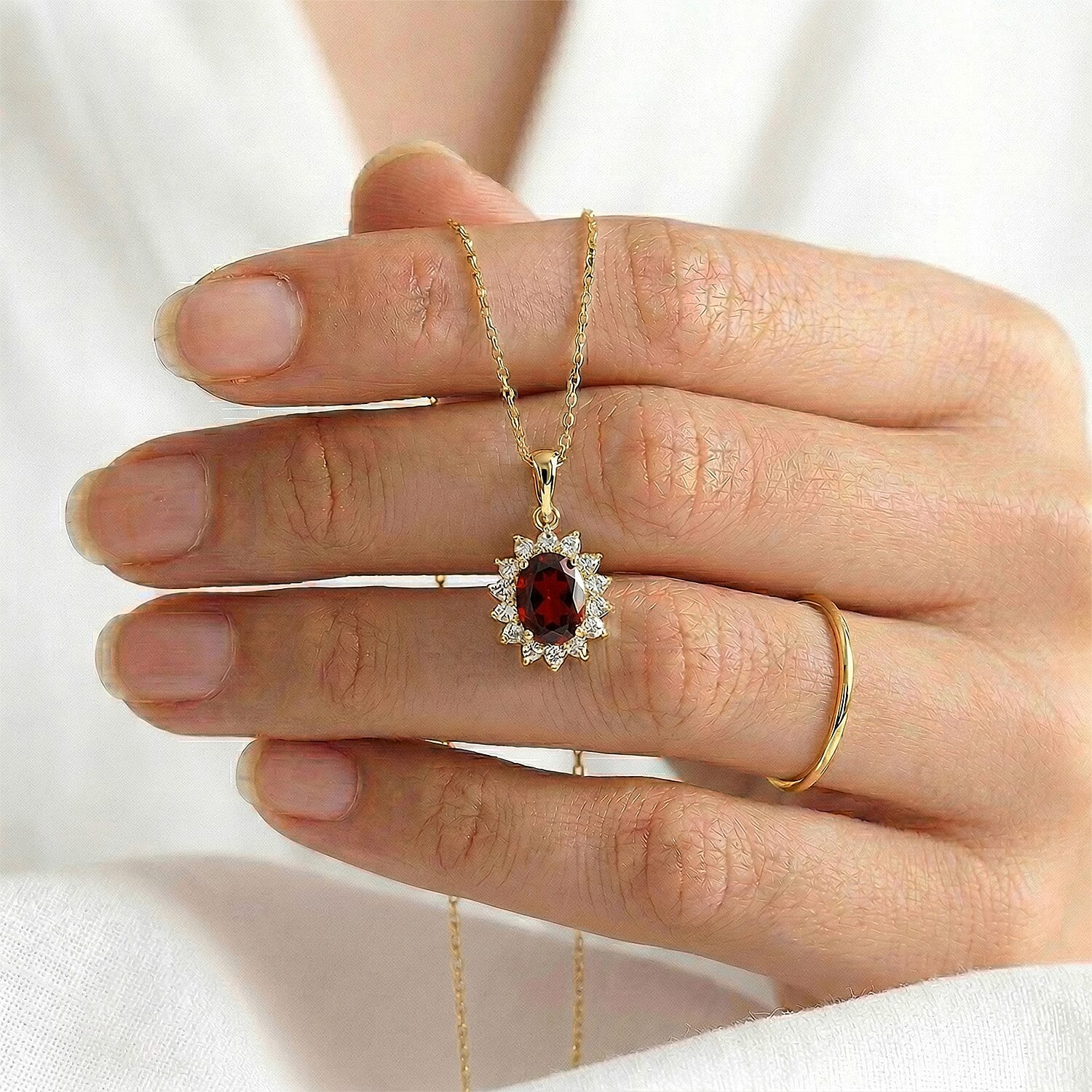 Red Garnet and Natural Cambodian Zircon Pendant with Chain (Size - 20) in 18K Vermeil Yellow Gold Plated Sterling Silver 1.370 Ct