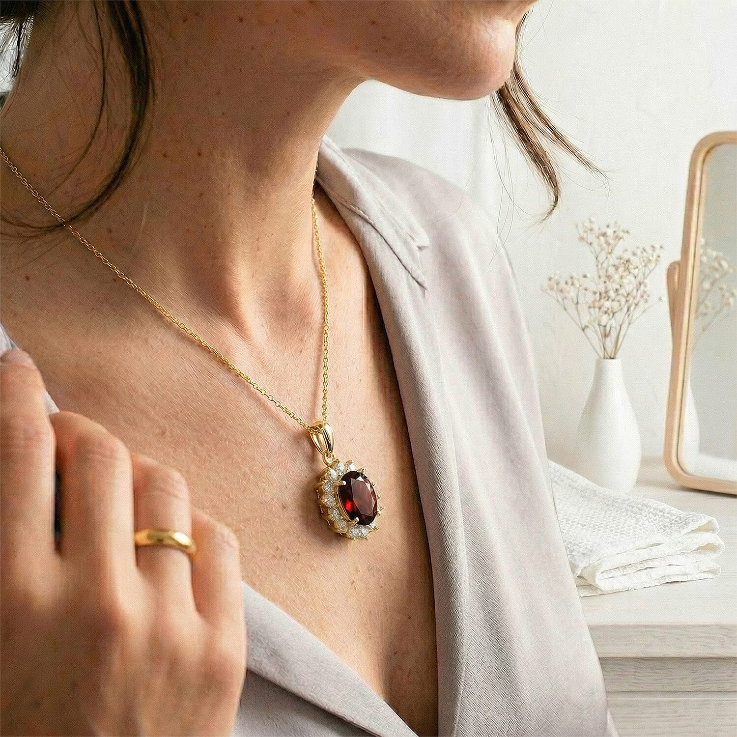 Red Garnet and Natural Cambodian Zircon Pendant with Chain (Size - 20) in 18K Vermeil Yellow Gold Plated Sterling Silver 1.370 Ct