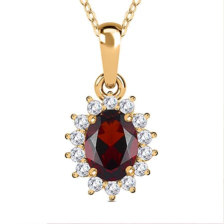Red Garnet January Birthstone and Natural Zircon Halo Pendant with Chain (Size - 20) in 18K Vermeil Yellow Gold Plated Sterling Silver