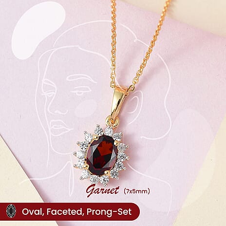 Red Garnet and Natural Cambodian Zircon Pendant with Chain (Size - 20) in 18K Vermeil Yellow Gold Plated Sterling Silver 1.370 Ct