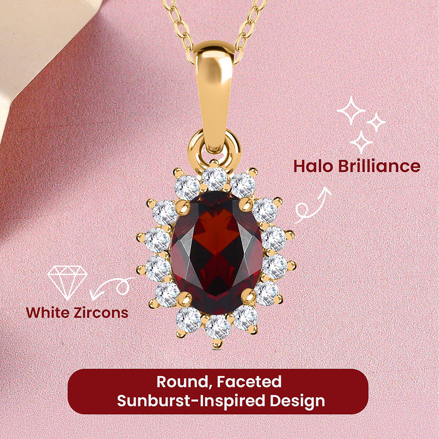 Red Garnet and Natural Cambodian Zircon Pendant with Chain (Size - 20) in 18K Vermeil Yellow Gold Plated Sterling Silver 1.370 Ct