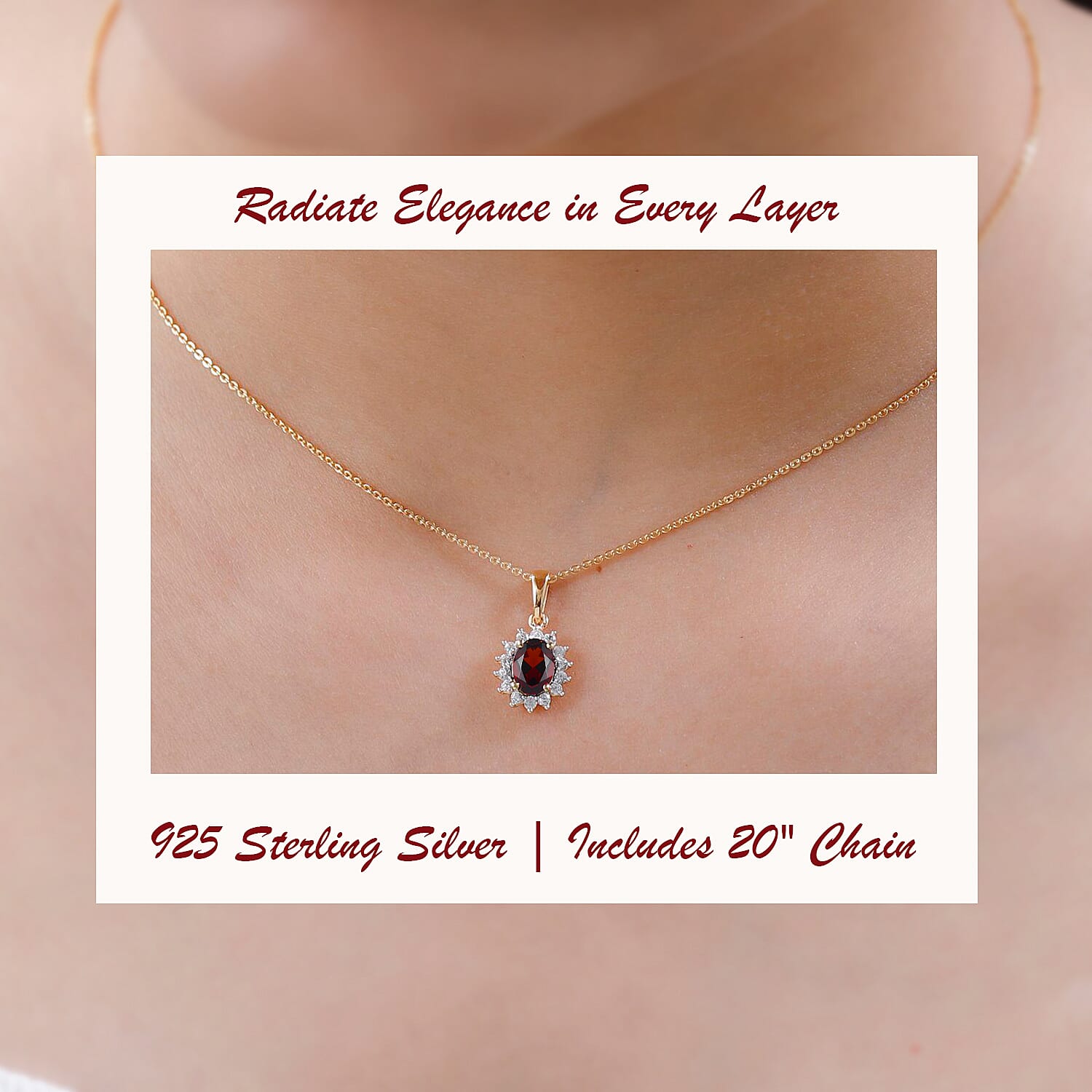 Red Garnet and Natural Cambodian Zircon Pendant with Chain (Size - 20) in 18K Vermeil Yellow Gold Plated Sterling Silver 1.370 Ct