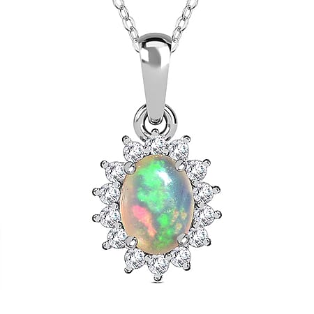 Ethiopian Welo Opal October Birthstone and Natural Zircon Halo Pendant with Chain (Size 20) in Platinum Overlay Sterling Silver