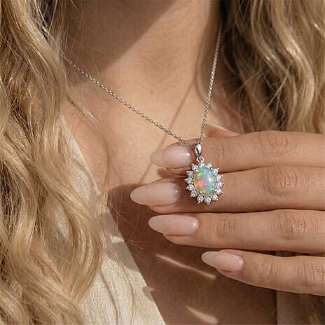 Ethiopian Welo Opal and Natural Zircon Halo Pendant with Chain (Size 20) in Platinum Overlay Sterling Silver