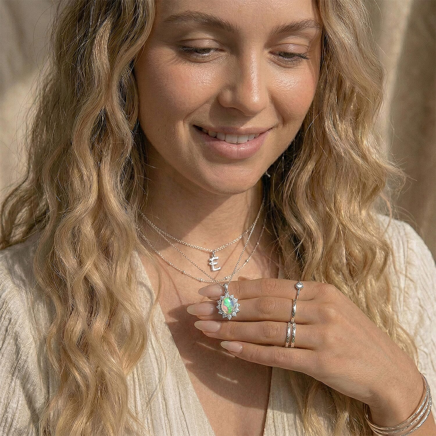 Ethiopian Welo Opal and Natural Zircon Halo Pendant with Chain (Size 20) in Platinum Overlay Sterling Silver