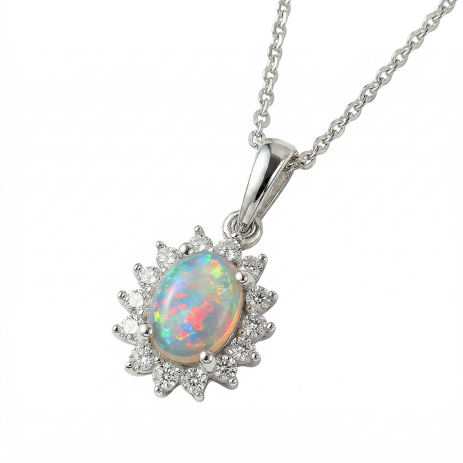 Ethiopian Welo Opal and Natural Zircon Halo Pendant with Chain (Size 20) in Platinum Overlay Sterling Silver