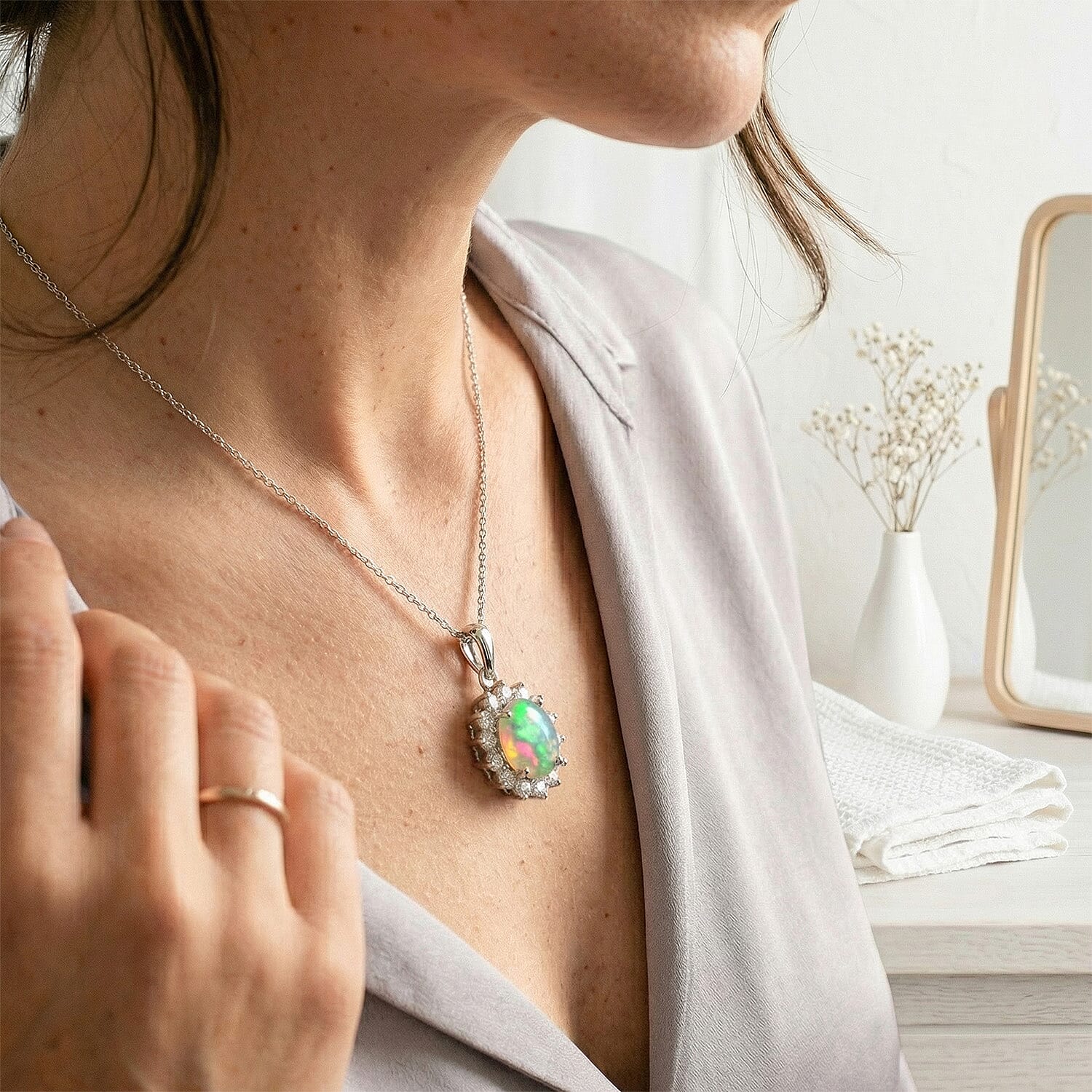 Ethiopian Welo Opal and Natural Zircon Halo Pendant with Chain (Size 20) in Platinum Overlay Sterling Silver