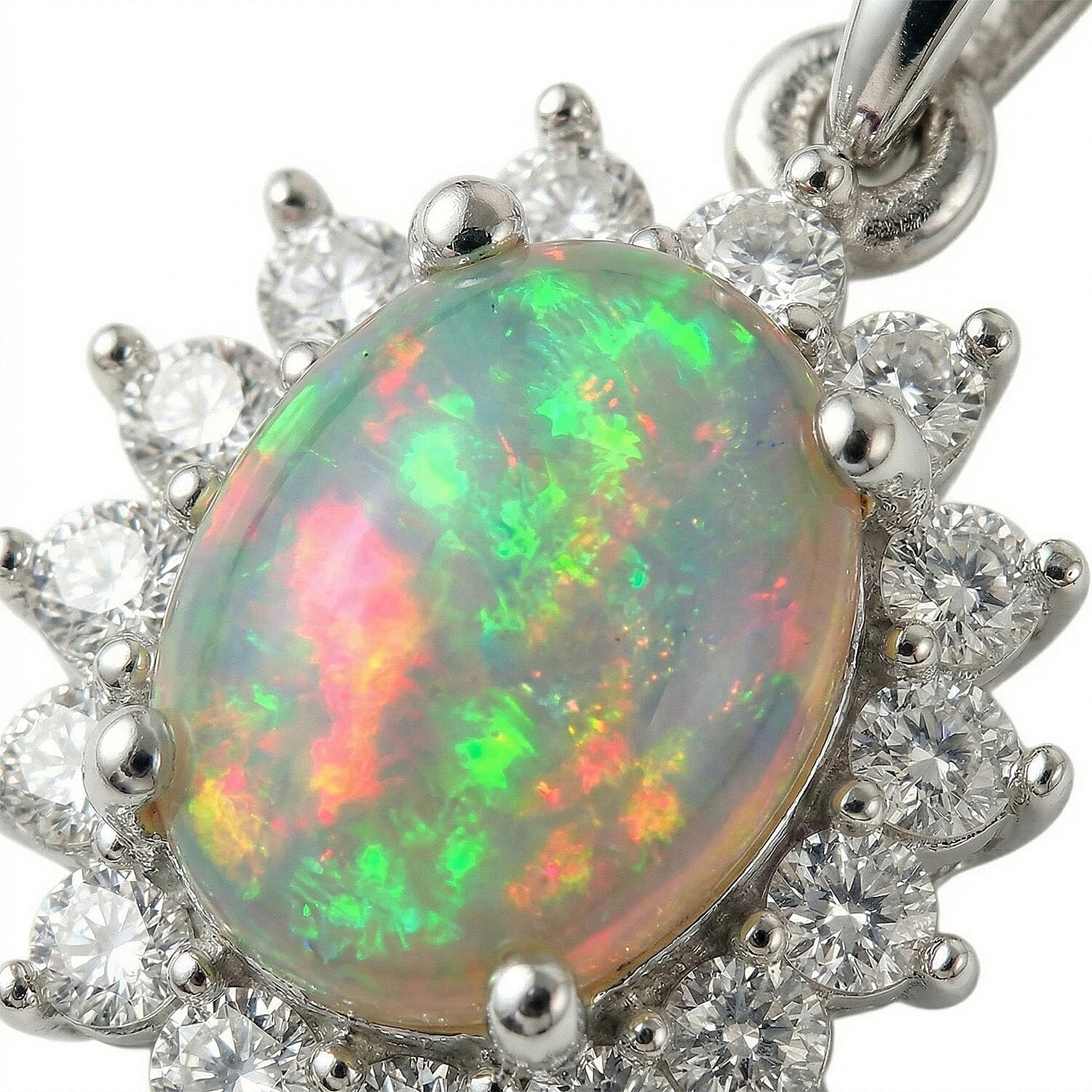 Ethiopian Welo Opal and Natural Zircon Halo Pendant with Chain (Size 20) in Platinum Overlay Sterling Silver