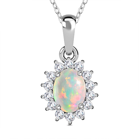 Ethiopian Welo Opal and Natural Zircon Halo Pendant with Chain (Size 20) in Platinum Overlay Sterling Silver