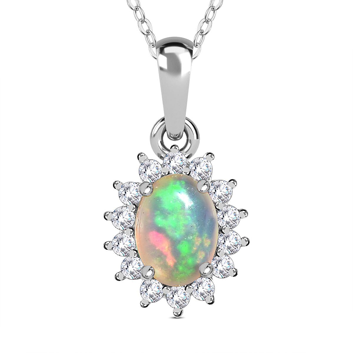 Ethiopian Welo Opal and Natural Zircon Halo Pendant with Chain (Size 20) in Platinum Overlay Sterling Silver