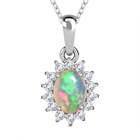 Ethiopian Welo Opal October Birthstone and Natural Zircon Halo Pendant with Chain (Size 20) in Platinum Overlay Sterling Silver