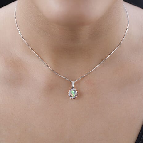Ethiopian Welo Opal and Natural Zircon Halo Pendant with Chain (Size 20) in Platinum Overlay Sterling Silver