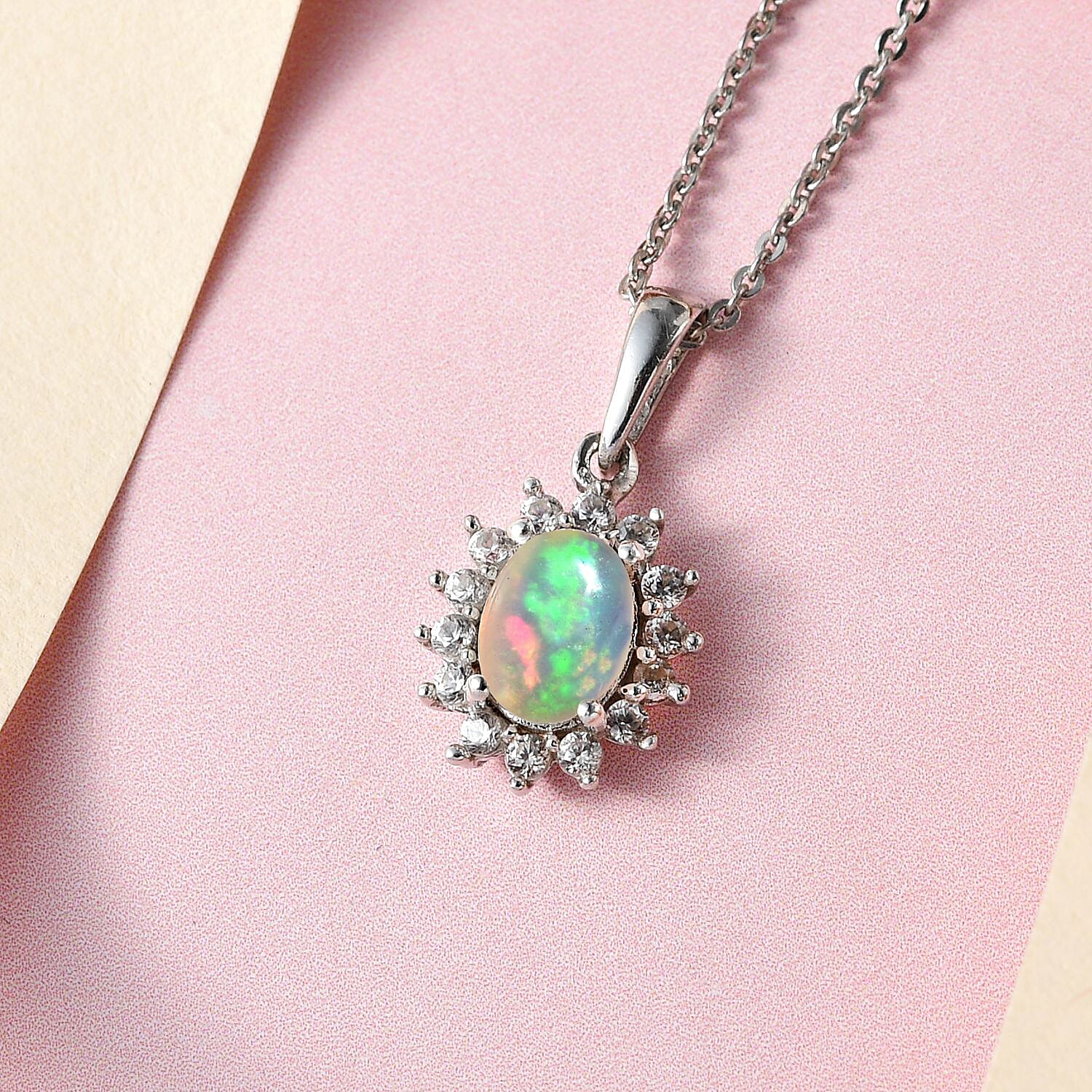 Ethiopian Welo Opal and Natural Zircon Halo Pendant with Chain (Size 20) in Platinum Overlay Sterling Silver