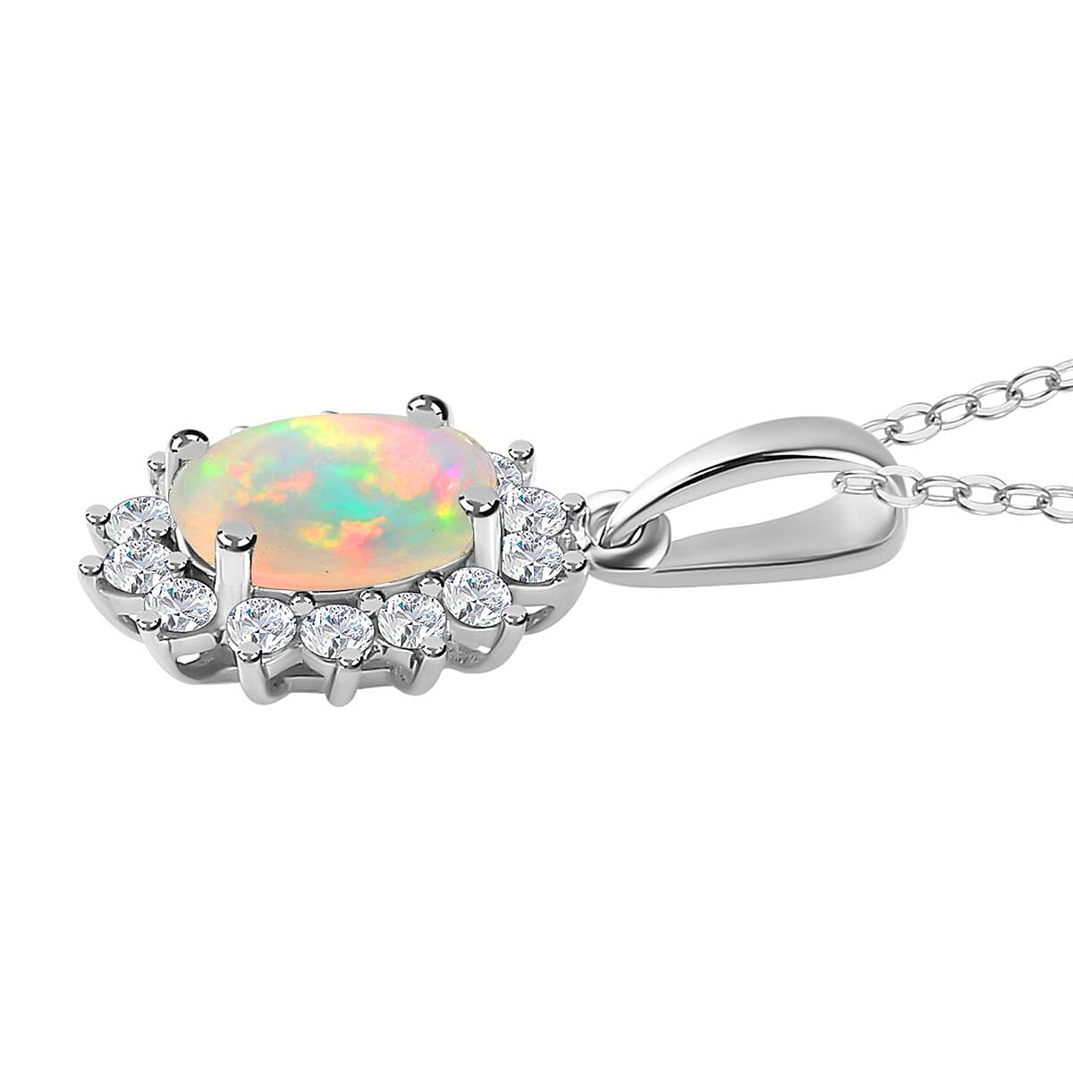 Ethiopian Welo Opal and Natural Zircon Halo Pendant with Chain (Size 20) in Platinum Overlay Sterling Silver