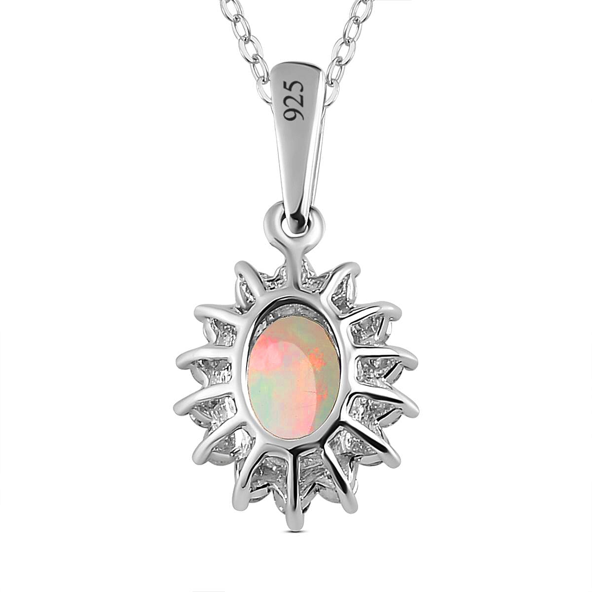 Ethiopian Welo Opal and Natural Zircon Halo Pendant with Chain (Size 20) in Platinum Overlay Sterling Silver