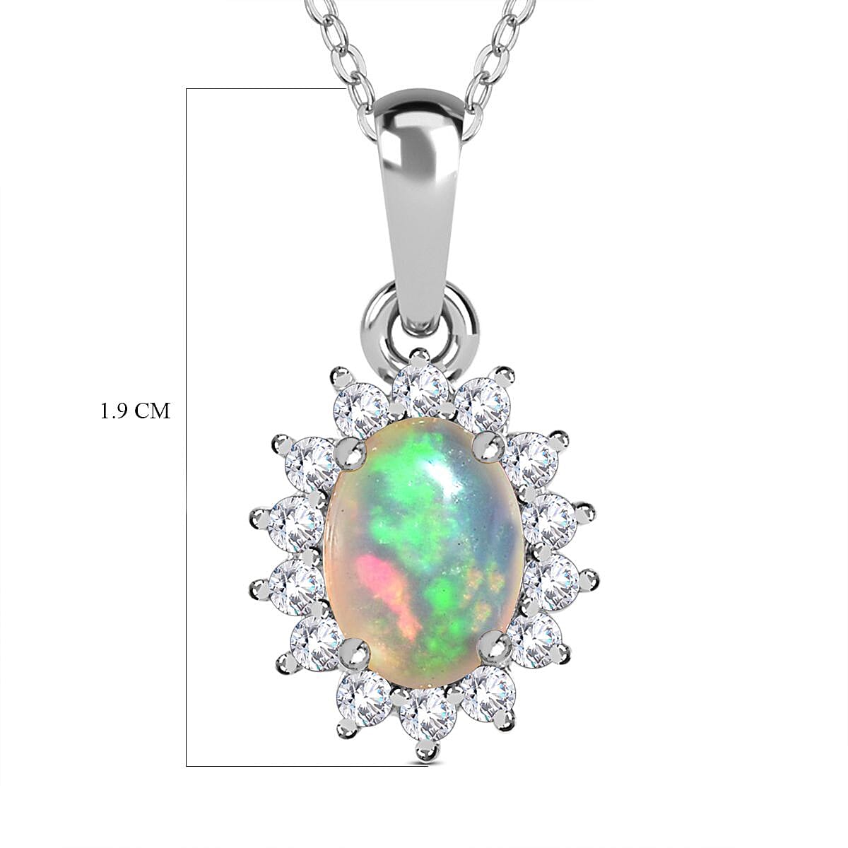 Ethiopian Welo Opal and Natural Zircon Halo Pendant with Chain (Size 20) in Platinum Overlay Sterling Silver