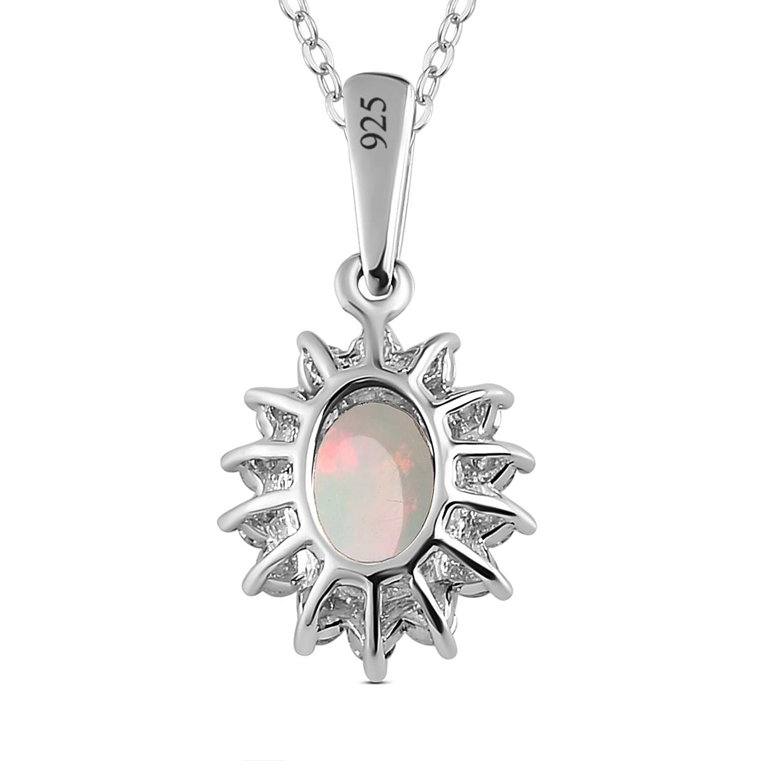 Ethiopian Welo Opal and Natural Zircon Halo Pendant with Chain (Size 20) in Platinum Overlay Sterling Silver