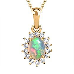 Ethiopian Welo Opal October Birthstone and Natural Zircon Halo Pendant with Chain (Size-20) in 18K Vermeil Yellow Gold Plated Sterling Silver