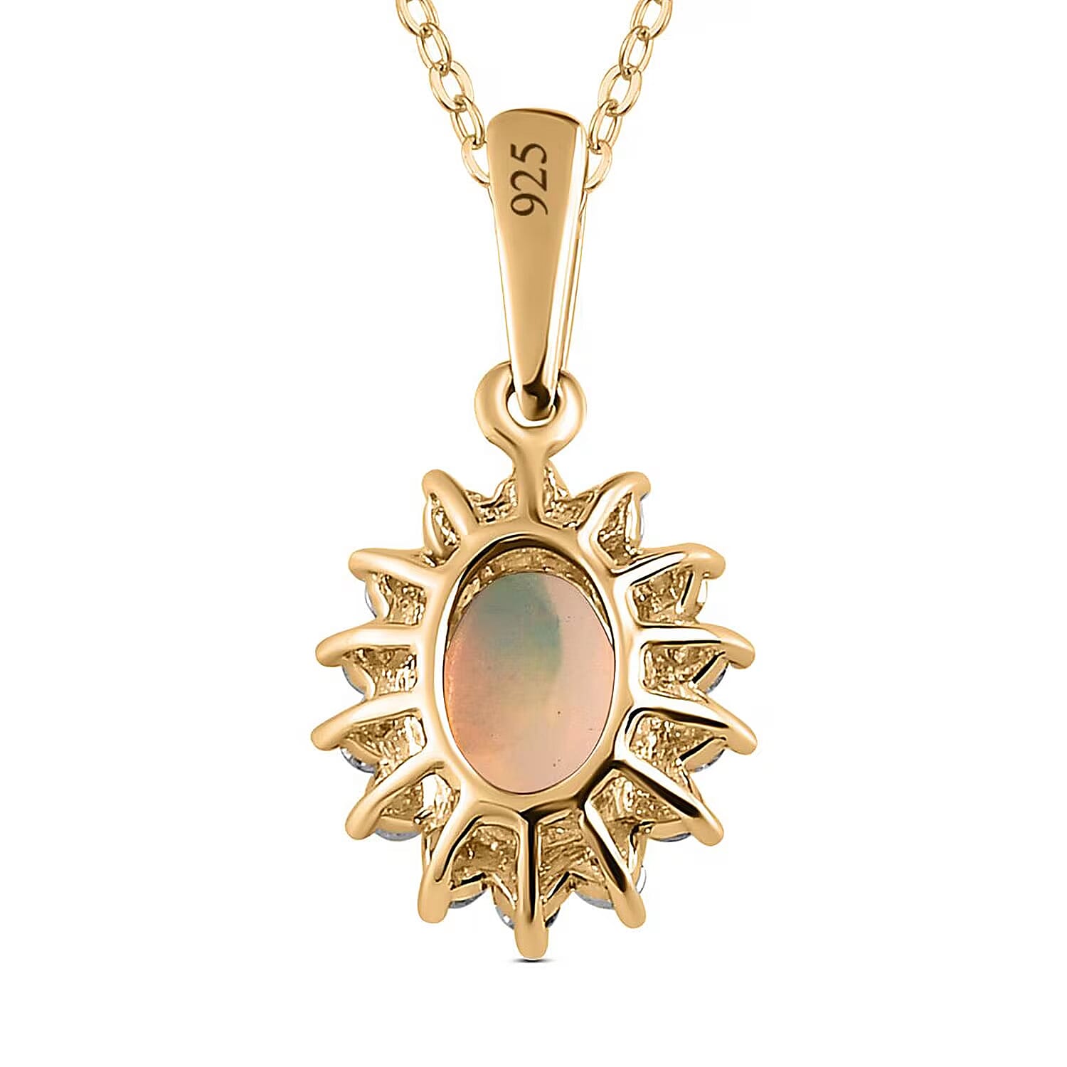 Ethiopian Welo Opal and Natural Zircon Pendant with Chain (Size-20) in 18K Vermeil Yellow Gold Plated Sterling Silver